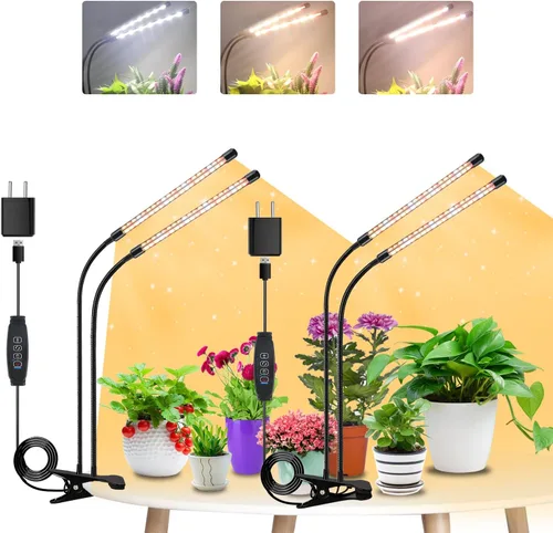 SDOVUERC Luces de cultivo para plantas de interior, lámparas LED de espectro completo de 4 cabezales con clips y cables de 10 pies para cultivo de