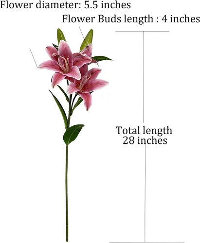 Miniatura 6 de YalzoneMet RUZUQE - 2 flores artificiales de lirio de color rosa profundo de 28 pulgadas, lirios falsos de tacto real, 3 cabezales, flora sintética
