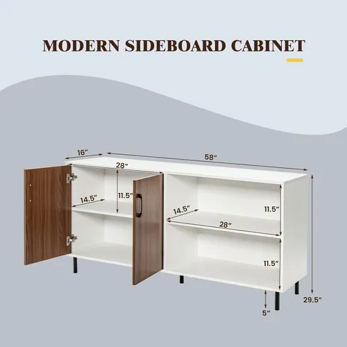 Miniatura 3 de Giantex Aparador de buffet, armario de almacenamiento moderno con 2 puertas y estantes abiertos, armario de cocina de 58 pulgadas con patas