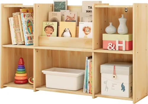Miniatura 9 de Estantería de madera, estantería horizontal de perfil bajo de 2 niveles con organizador de almacenamiento, madera certificada FSC, estante