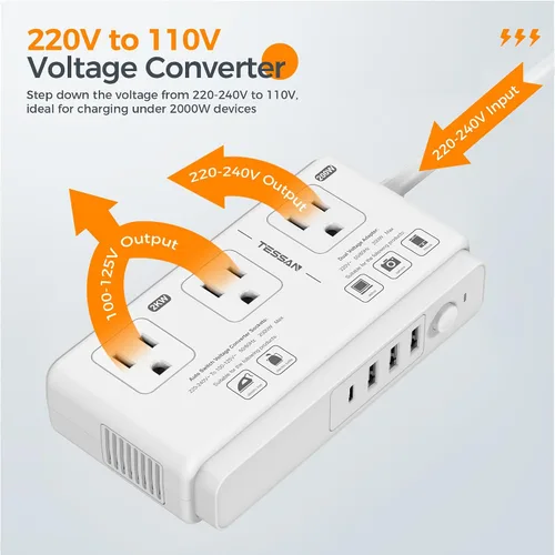 Miniatura 7 de TESSAN Convertidor de voltaje de 220V a 110V para viajes con 4 puertos USB (1 USB C), 3 tomas de corriente AC y adaptador de corriente internacional