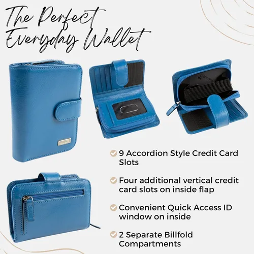 Miniatura 3 de WalletBe Cartera RFID de acordeón de cuero para mujer con monedero, Azul, contemporáneo