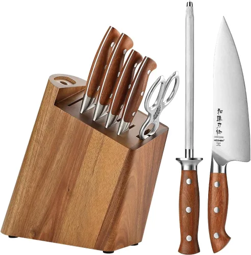 HEZHEN Juego de 8 piezas de cuchillos de cocina con bloque, juego de cuchillos de acero alemán DIN 1.4116 con bloque y afilador, tijera de cocina,