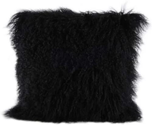 Funda de almohada de piel de cordero mongol tibetano, 100% piel de oveja real, rollo de lana de cordero, cuadrada, decorada para sala de estar, Negro