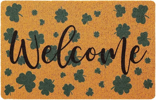 Tinideya Tapete de bienvenida del día de San Patricio, tapete de fibra de coco con trébol irlandés, decorativo, lavable, antideslizante, para