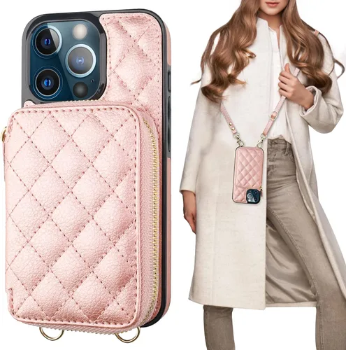 Bocasal Funda tipo cartera cruzada para iPhone 13 Pro, con bloqueo RFID, de piel sintética, con cremallera, funda tipo cartera con función atril y
