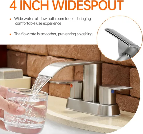 Miniatura 3 de Grifo de lavabo de baño en cascada de 4 pulgadas de níquel cepillado con llave de lavabo de baño con drenaje emergente de 2 o 3 agujeros, grifo