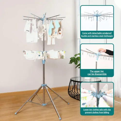 Miniatura 3 de Hershii Estante de secado de ropa plegable de 2 niveles para interiores y exteriores, soporte plegable para colgar ropa, ahorro de espacio