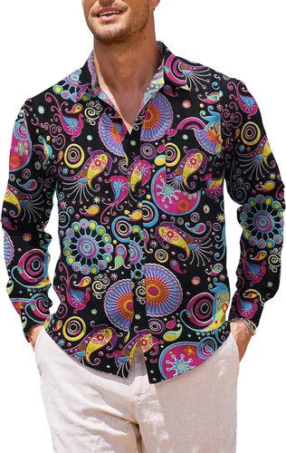 Miniatura 2 de COOFANDY Camisa de lino de algodón para hombre con estampado floral y botones