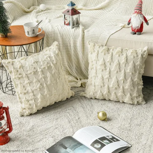 Miniatura 3 de AVOIN colorlife - Juego de 2 fundas de cojín de árbol de Navidad color beige, de 16 x 16 pulgadas, de felpa suave y pelo sintético, para sofá