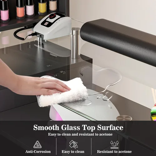 Miniatura 5 de Mesa de manicura con parte superior de vidrio para tecnología de uñas, estación de escritorio resistente a acetona con cajones de almacenamiento