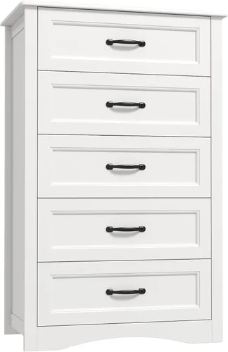 Miniatura 4 de Gizoon - Cómoda de 5 cajones, cómoda de madera blanca para dormitorio, gabinete de almacenamiento de gran capacidad de 43.3" con dispositivo