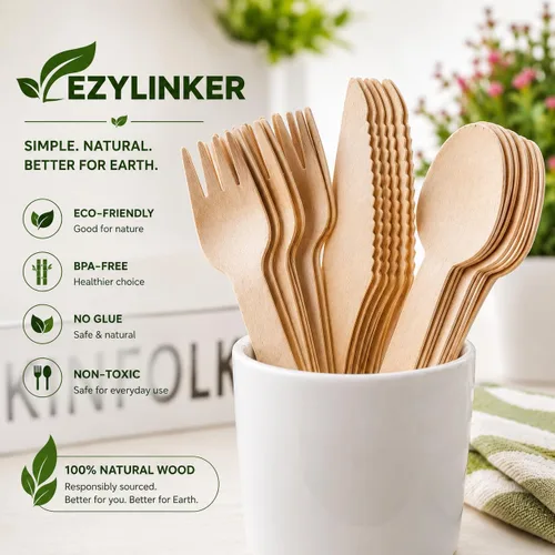 Miniatura 3 de Juego de cubiertos compostables de edición especial (150 piezas) – Juego de cubiertos de madera desechables – Alternativa al plástico, ecológico