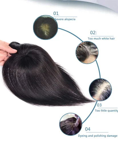 Miniatura 2 de Toppers de cabello humano con clip para mujer con punto calvo, base redonda de 360 grados para la frente, piezas de pelo tipo tupé, 6 pulgadas, negro