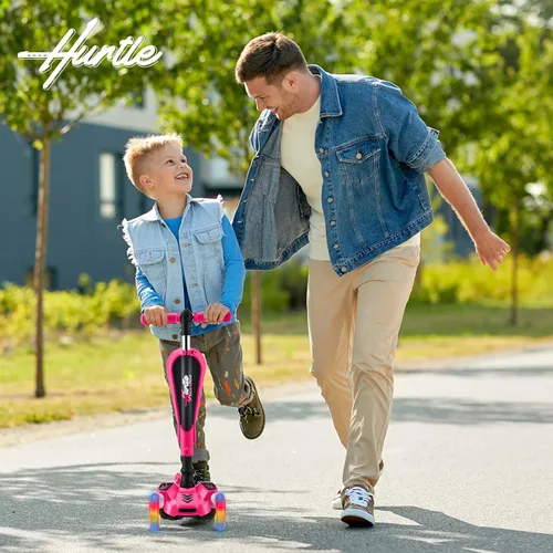 Miniatura 8 de Hurtle Patinete de 3 ruedas para niños, luces LED de ruedas, manubrio ajustable de inclinación para dirigir y asiento plegable, paseo sentado