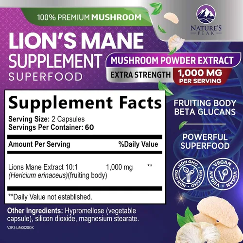 Miniatura 5 de Cápsulas de suplemento de melena de leones, melena de león, 1000 mg por porción, hongo de melena de león extra fuerte, superalimento para memoria