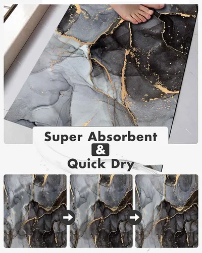 Miniatura 3 de EMMTEEY Juego de alfombras de baño de 3 piezas, alfombra de baño de mármol negro, gris y dorado, antideslizante, absorbente, para debajo