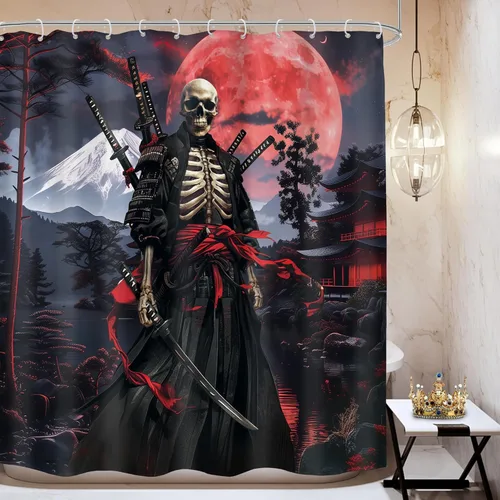 Miniatura 20 de Cortina de ducha con diseño de calavera de neón de 60 pulgadas de ancho x 72 pulgadas de alto, esqueleto gótico, espeluznante, único hueso fresco