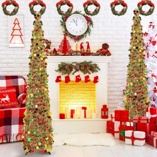 Miniatura 5 de Aoriher Árbol de Navidad de Oropel Dorado Preiluminado Emergente de 5 pies, Decoración Reutilizable Plegable con Lentejuelas Artificiales, Árbol