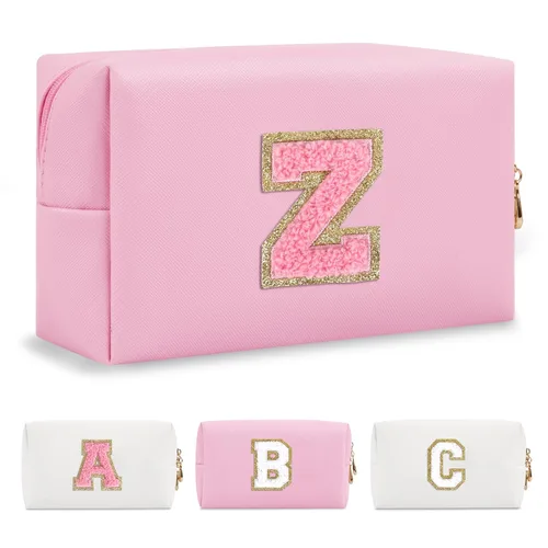 Miniatura 202 de Pequeña bolsa de maquillaje personalizada con inicial A-Z Preppy Patch, bolsa de cosméticos de viaje de felpilla blanca con cremallera, bonita bolsa