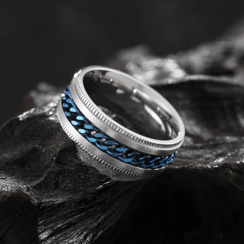 Miniatura 103 de King Will - Anillo antiestrés de acero inoxidable 316L para hombres y mujeres, con cadena decorativa giratoria, 8 mm de ancho, anillo de boda