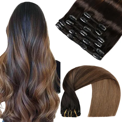 Miniatura 22 de VINBAO Extensiones de cabello humano con clip, balayage, color marrón ceniza a rubio caramelo, 14 pulgadas, 6 unidades, 3.53 onzas, 6