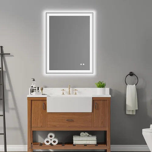 Espejo de baño iluminado por LED de 36 x 28 pulgadas, montado en la pared, memoria antivaho con brillo ajustable, luz delantera y trasera, espejo de