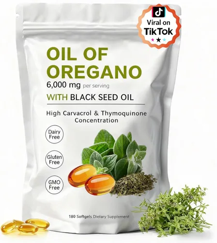 Cápsulas blandas de aceite de orégano – Aceite de orégano con aceite de semilla negra de 6000 mg | Aceite de orégano 2 en 1 | Sin OMG – Sin gluten –