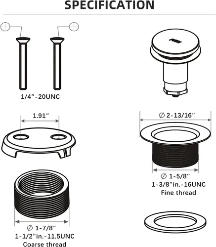 Miniatura 6 de Kit de drenaje de bañera de punta a punta de metal completo con placa frontal de desbordamiento de dos agujeros y conjunto de rosca universal Níquel
