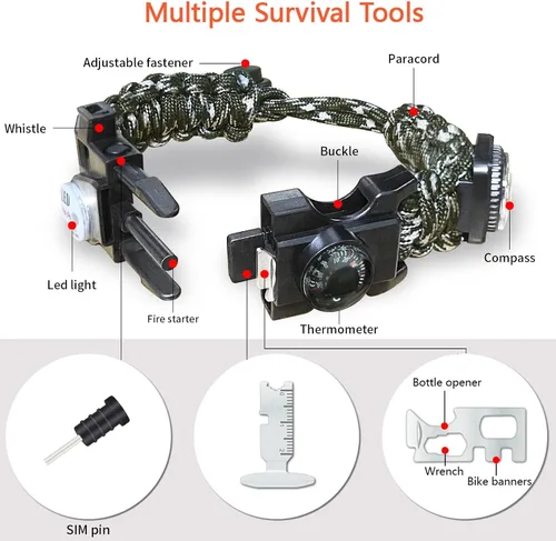 Miniatura 2 de Brazalete de paracord de supervivencia 20 en 1, kit de equipo ajustable con luz LED SOS, arrancador de fuego, brújula más grande, silbato de Camo
