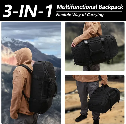 Miniatura 6 de Bolsa de lona grande de 65L, mochila táctica 3 en 1 MOLLE para deportes, gimnasio, exteriores, color negro