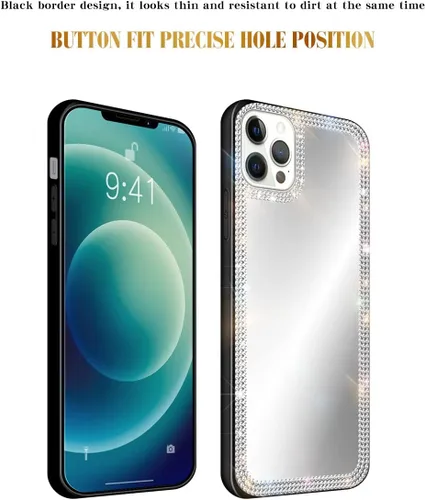 Miniatura 4 de Funda con espejo para iPhone 13 Pro Max para mujer con diamantes de imitación brillantes, espejo adhesivo para funda de teléfono, cubierta de espejo