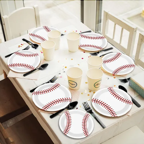 Miniatura 5 de Paquete de 72 piezas de suministros para fiesta de béisbol, juego de platos de papel desechables para fiesta de béisbol, cenas, platos de postre