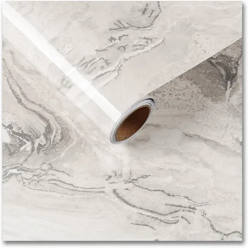 CRE8TIVE Papel de contacto de mármol líquido beige plateado brillante de 12 x 80 pulgadas, encimeras de despegar y pegar, impermeable, autoadhesivo,