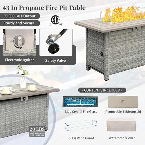 Miniatura 4 de WAROOM Fogata de propano para exteriores, mesa de fogata de patio de mimbre PE de 43 pulgadas con protector contra el viento de vidrio, vidrio