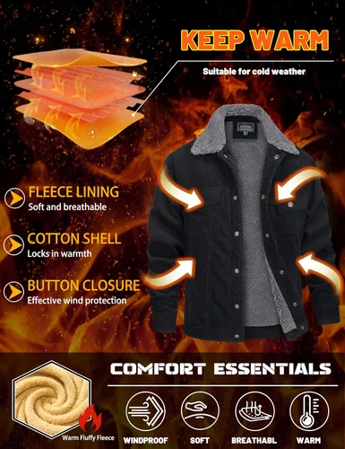 Miniatura 4 de MAGNIVIT Chaqueta de pana con forro polar para hombre, estilo cargo, de invierno, con botones de presión, solapa, forro sherpa, estilo camionero