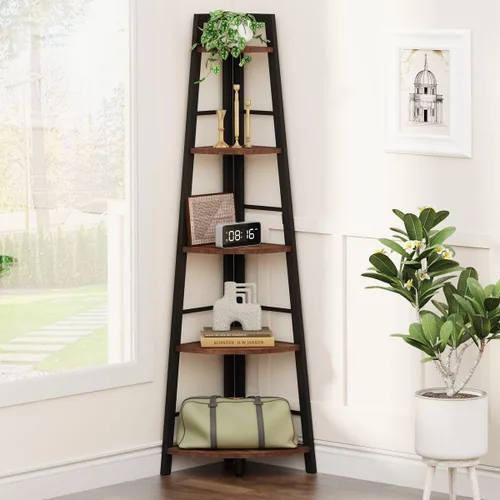 Miniatura 12 de BON AUGURE Estantería Esquinera de Escalera, Librero Esquinero de Madera y Metal Negro de 5 Niveles, Unidad de Estantería Estrecha y Alta
