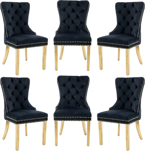 Miniatura 15 de Civama Juego de 2 sillas de comedor, elegantes sillas de comedor de terciopelo capitonado de lujo con patas doradas y adornos de clavos, tirador