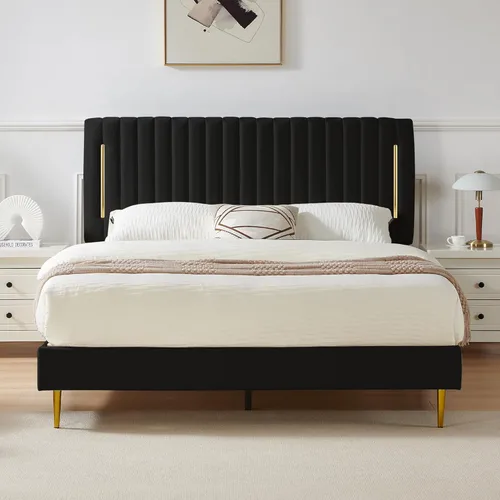 Miniatura 7 de Furnify Armazón de Cama de Plataforma Twin, Marco de Cama Tapizado en Terciopelo con Cabecera Ajustable de Canal Vertical, Ribete de Enchapado