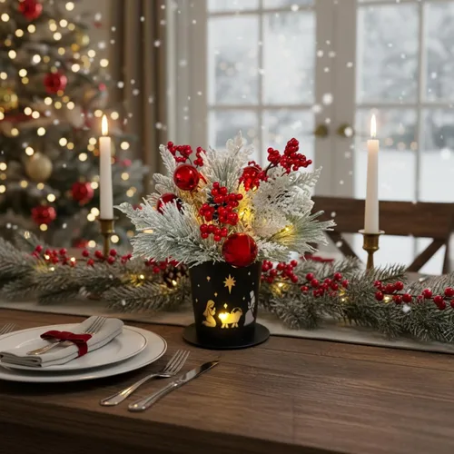 Miniatura 5 de Centro de Mesa Navideño Iluminado en Maceta de Metal con Temporizador, Escena del Nacimiento Navideño en Base de Metal Negro con Ornamento de Piñas