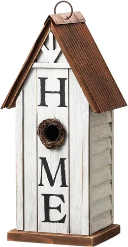 Glitzhome Casas decorativas para pájaros para exteriores, 14.75 pulgadas de alto, casa de pájaro azul envejecida, madera maciza, colgante para