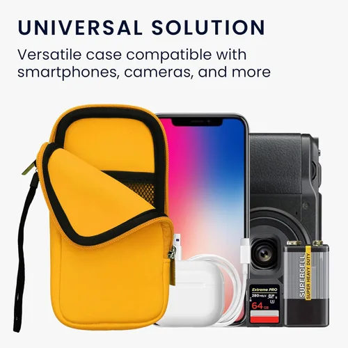 Miniatura 4 de kwmobile Bolsa de neopreno para teléfono tamaño XL - 6.7/6.8 pulgadas - Funda universal para celular con cremallera, correa para la muñeca, amarillo