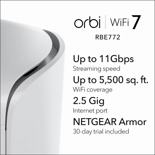 Miniatura 2 de NETGEAR Orbi 770 Series Tri-Band WiFi 7 Mesh Network System (RBE772) - Router + 1 extensor de satélite, características de seguridad, hasta 11 Gbps