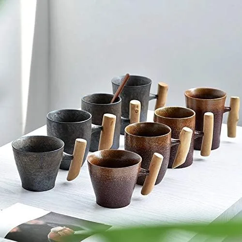 Miniatura 5 de Taza de café de cerámica vintage de estilo japonés, taza de té con leche y cerveza con mango de madera, taza para agua, oficina en casa (estilo 2 A)