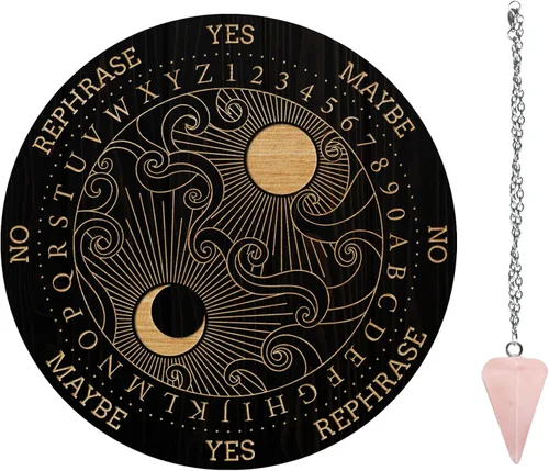 Miniatura 14 de AHANDMAKER Juego de tablero de péndulo, tablero de adivinación de madera para radiestesia, tablero de mensajes metafísicos con collar de péndulo