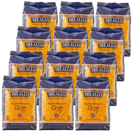 DeLallo Pasta Orzo sin gluten, hecha con maíz y arroz, sin trigo, bolsa de 12 onzas, paquete de 12
