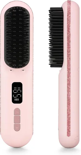 Miniatura 11 de Cepillo alisador de cabello, mini cepillo alisador inalámbrico portátil para viajes, iones negativos con peine caliente con 9 temperaturas