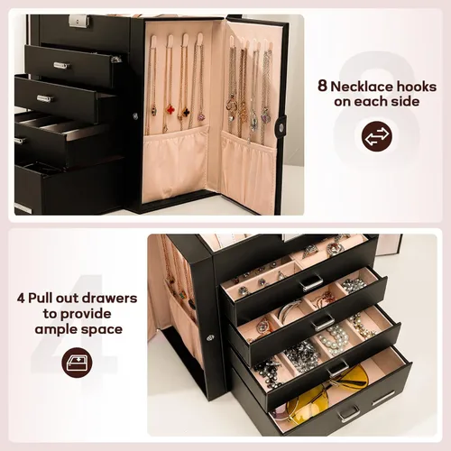 Miniatura 5 de Homde Caja de joyería enorme de cuero sintético Organizador de reloj con espejo Collar Anillo Pendiente Almacenamiento Caja de regalo con cerradura