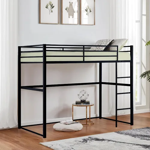 Miniatura 2 de Cama alta de metal tamaño matrimonial con barandillas de seguridad y escalera para adultos, niños, adolescentes, diseño duradero, ahorro de espacio