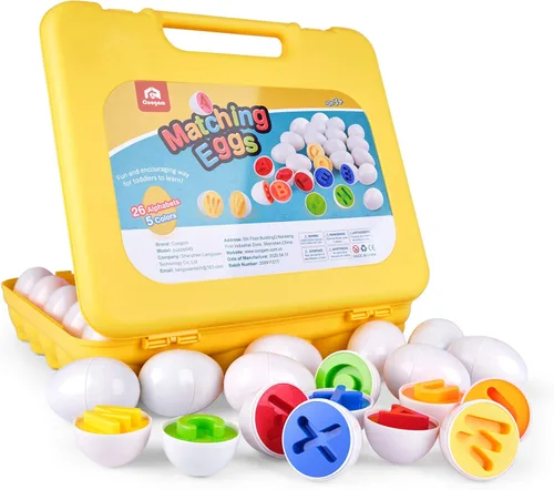 Coogam Letras a juego Huevos 26PCS ABC Alfabeto Recoginition Clasificador de Color Puzzle Pascua Viajes Bingo Juego Mayúsculas Aprendizaje Educativo